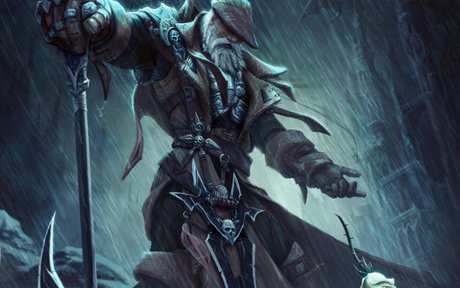 Обои картинки фото фэнтези, люди, мужчина, старик, дождь, оружие, роза, ночь, город