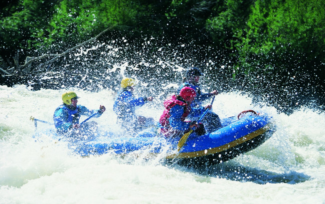 Обои картинки фото спорт, экстрим, весла, гребцы, река, спуск, рафтинг, зелень, лодка, брызги