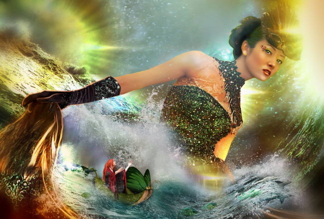 Обои картинки фото фэнтези, фотоарт, море, стихия, девушки