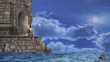 Картинка 3д+графика ангел+ angel ангел облака море замок голубь