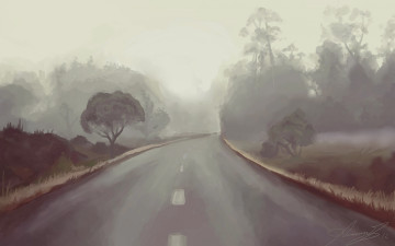 Картинка рисованное природа небо дорога деревья