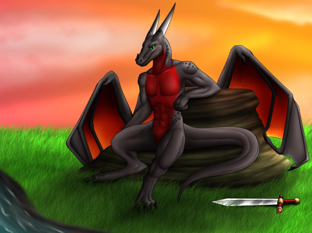 Обои картинки фото рисованное, животные,  сказочные,  мифические, дракон, фон, меч