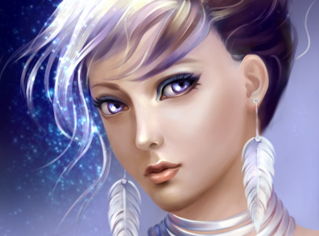 Обои картинки фото рисованное, люди, девушка, перья, серьги, взгляд, лицо