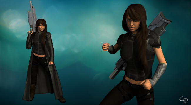 Обои картинки фото 3д графика, фантазия , fantasy, фон, взгляд, девушки, оружие