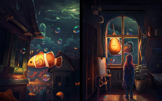 Обои картинки фото фэнтези, иные миры,  иные времена, арт, рыбки, вода, живопись, окна, девочка, комната