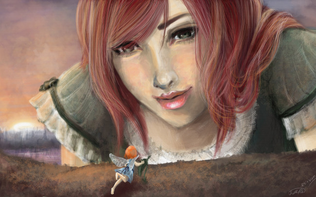 Обои картинки фото рисованное, люди, волосы, взгляд, крылья, лицо, фея, девушка