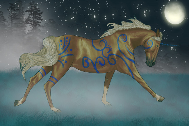 Обои картинки фото рисованное, животные,  сказочные,  мифические, лес, луна, единорог