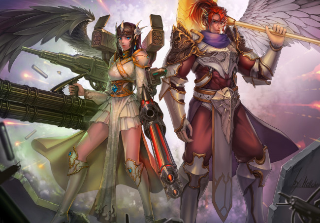 Обои картинки фото фэнтези, ангелы, девушка, мужчина, воин, крылья, оружие, пулемет, шестистволка, фантастика