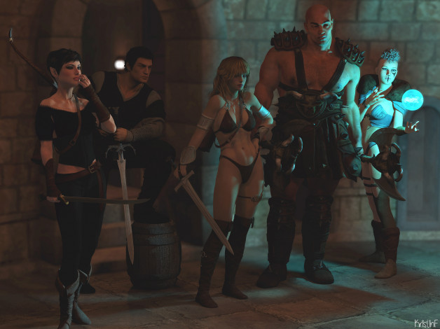 Обои картинки фото 3д графика, фантазия , fantasy, девушки, мужчины, взгляд, оружие, фон