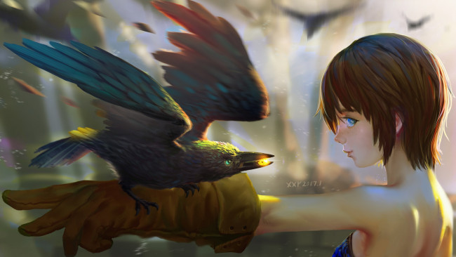 Обои картинки фото аниме, животные,  существа, друзья, арт, кольцо, rong, xiong, ворон, девочка