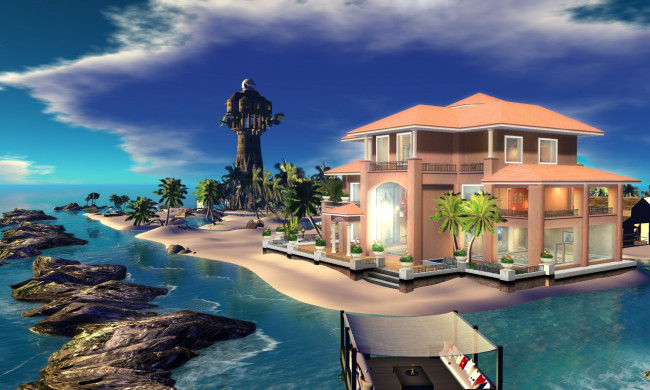 Обои картинки фото 3д графика, религия , religion, дом, тучи, море