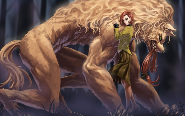 Обои картинки фото аниме, животные,  существа, девушка, арт, зверь