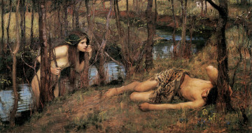 Картинка a+naiad+or+hylas+with+a+nymph +john+william+waterhouse рисованное john+william+waterhouse берег нимфа ручей парень