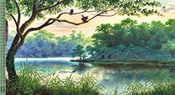 Картинка календари рисованные +векторная+графика водоем растения природа