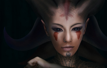 Картинка фэнтези существа существо пирсинг взгляд фон девушка
