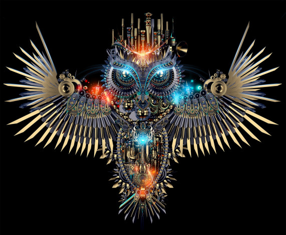Обои картинки фото фэнтези, существа, механизм, птица, фон, сова