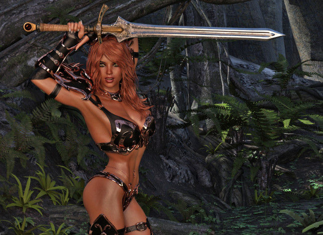 Обои картинки фото 3д графика, фантазия , fantasy, взгляд, девушка, оружие, фон