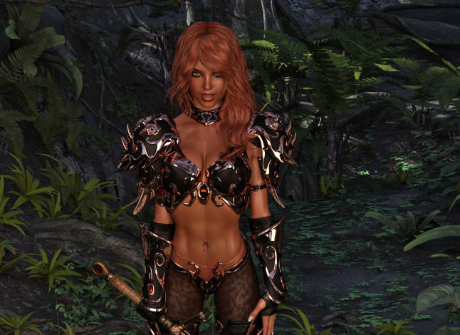 Обои картинки фото 3д графика, фантазия , fantasy, взгляд, девушка, оружие, фон