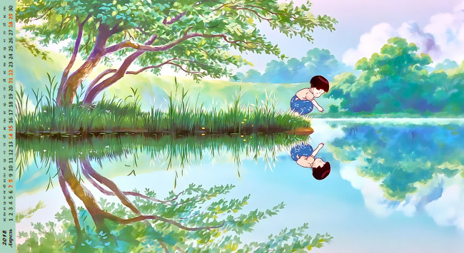 Обои картинки фото календари, аниме, девочка, отражение, водоем, растения