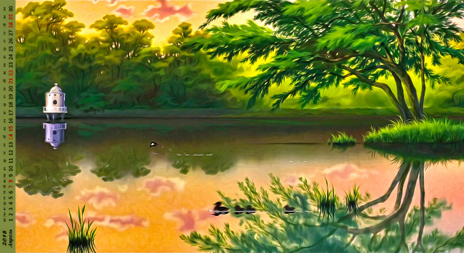 Обои картинки фото календари, рисованные,  векторная графика, водоем, растения, природа
