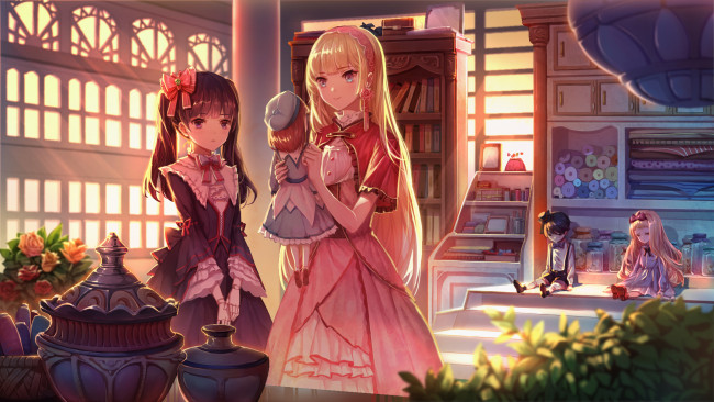 Обои картинки фото аниме, город,  улицы,  интерьер,  здания, взгляд, фон, девушка