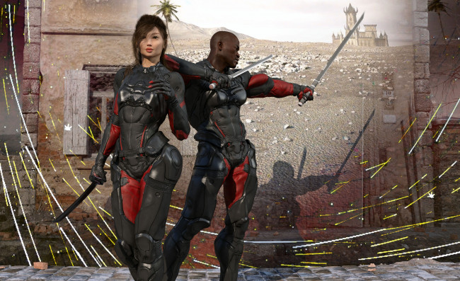 Обои картинки фото 3д графика, фантазия , fantasy, взгляд, девушка, парень, фон