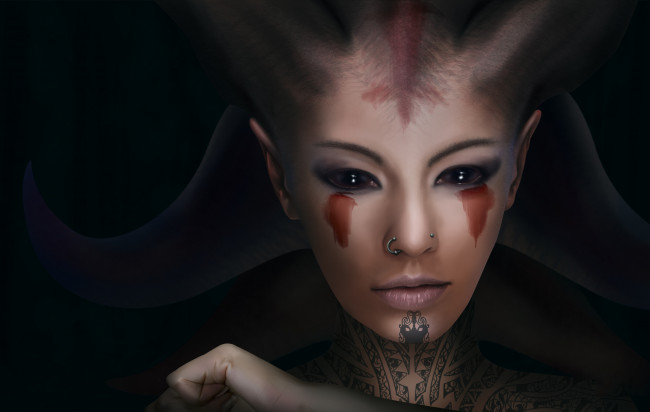 Обои картинки фото фэнтези, существа, существо, пирсинг, взгляд, фон, девушка