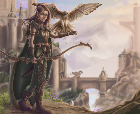 Обои картинки фото фэнтези, эльфы, девушка, фон, взгляд, униформа, сокол, лук