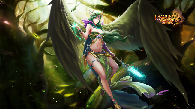 Обои картинки фото видео игры, league of angels, посох, крылья, ангел, девушка, лес