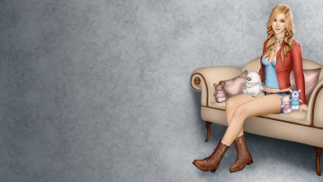 Картинка рисованное люди девушка фон взгляд диван игрушки