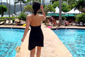 Картинка девушки denise+milani брюнетка платье сумочка бассейны люди