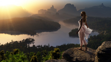 Картинка 3д+графика люди+ people девушка фон горы речка