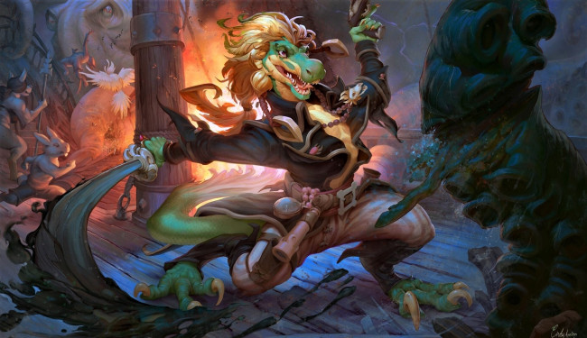 Обои картинки фото фэнтези, существа, крокодил, меч, магия