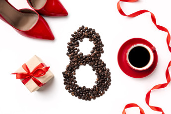 обоя праздничные, международный женский день - 8 марта, туфли, кофе, цифра, зерна, подарок, чашка, лента