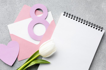 обоя праздничные, международный женский день - 8 марта, цифра, конверт, письмо, сердечко, тюльпан, блокнот
