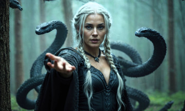 Картинка 3д+графика фантазия+ fantasy девушка блондинка косы змеи жест лес