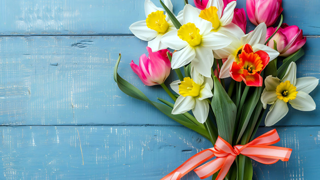 Обои картинки фото цветы, букеты,  композиции, нарциссы, тюльпаны, букет, лента, бант