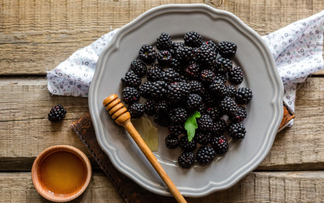 Обои картинки фото еда, ежевика, мед, ягоды