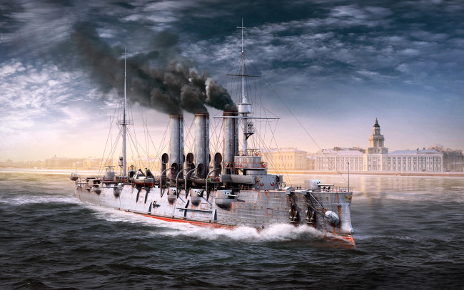 Обои картинки фото видео игры, world of warships, корабль, крейсер, дым, море, тучи, здания
