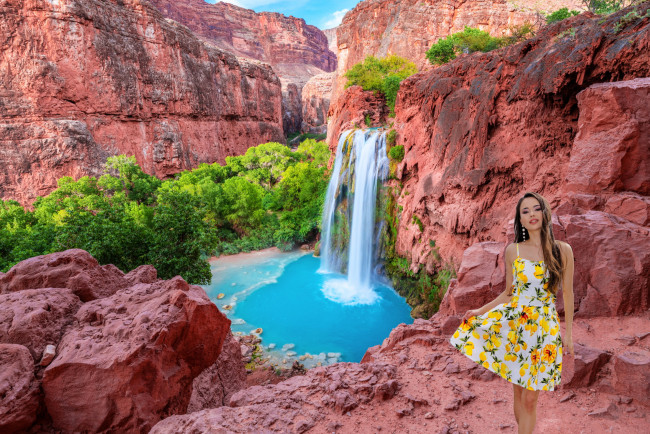 Обои картинки фото девушки, li moon, азиатка, водопад, платье