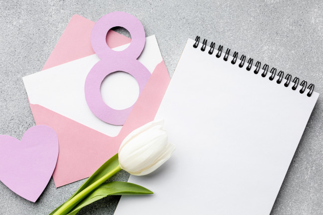 Обои картинки фото праздничные, международный женский день - 8 марта, цифра, конверт, письмо, сердечко, тюльпан, блокнот