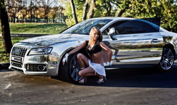 Картинка автомобили авто девушками хром a5 машина блестящая девушка листва осень audi