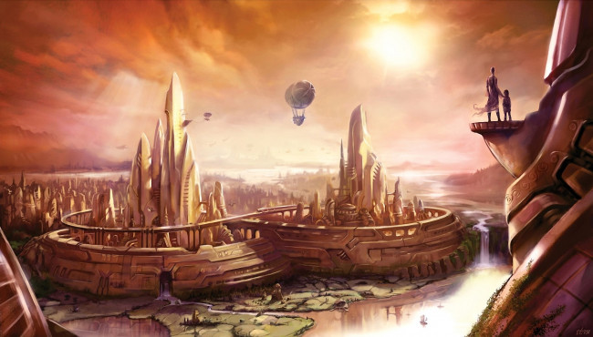 Обои картинки фото фэнтези, иные, миры, времена, люди, дирижабль, река, водопад, город, фантастический, мир, пейзаж