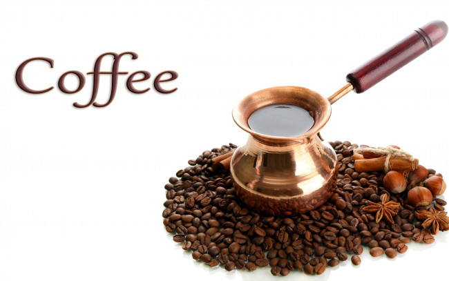 Обои картинки фото еда, кофе,  кофейные зёрна, джезва, бадьян, орехи, зерна