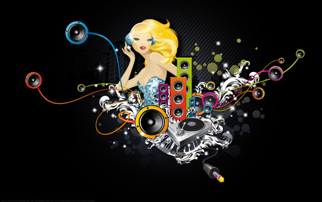 Обои картинки фото векторная графика, наушники, девушка