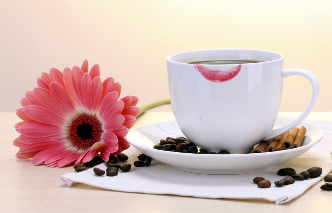 Обои картинки фото еда, кофе,  кофейные зёрна, зерна, корица, гербера, отпечаток, помада