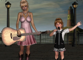 Картинка 3д+графика люди+ people микрофон гитара мать фон взгляд девочка