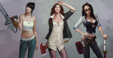 Картинка рисованное люди бензопила топор девушки очки чулки азиатка бита