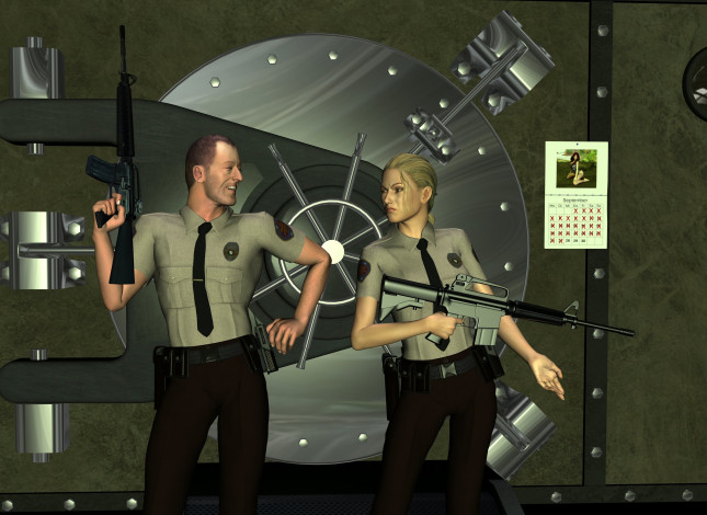 Обои картинки фото 3д графика, фантазия , fantasy, девушка, мужчина, оружие, фон, взгляд