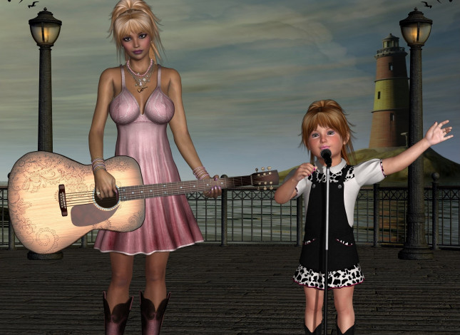 Обои картинки фото 3д графика, люди , people, микрофон, гитара, мать, фон, взгляд, девочка